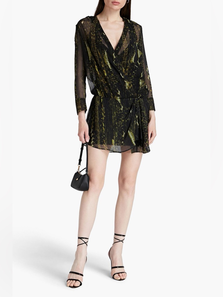 Iro Akley Snake Print Wrap Mini Dress Black Chartreuse Silk Chiffon Size 6
